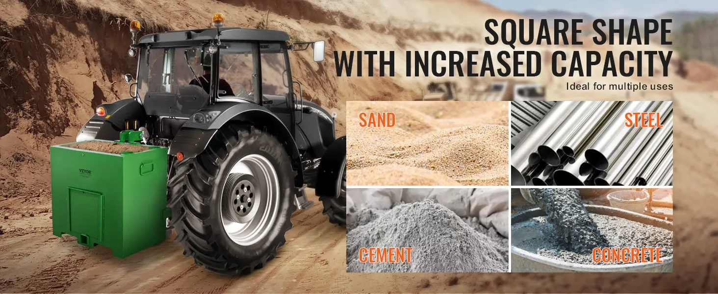 tractor with VEVOR ballast box showing increased capacity for sand, steel, cement, and concrete usage.