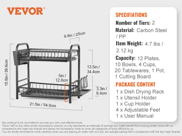 VEVOR dish drying rack with utensil and cup holder, adjustable feet, carbon steel, 2-tier, 4.7 lbs.