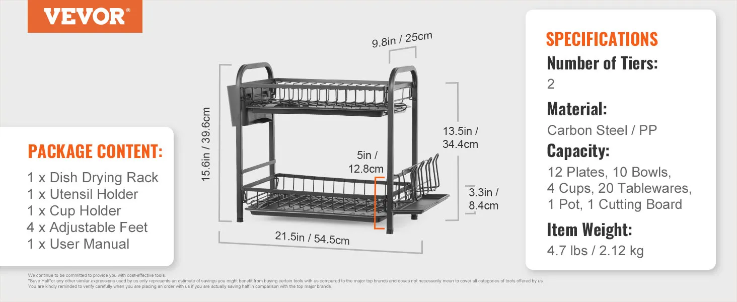 VEVOR dish drying rack with utensil and cup holder, adjustable feet, carbon steel, 2-tier, 4.7 lbs.