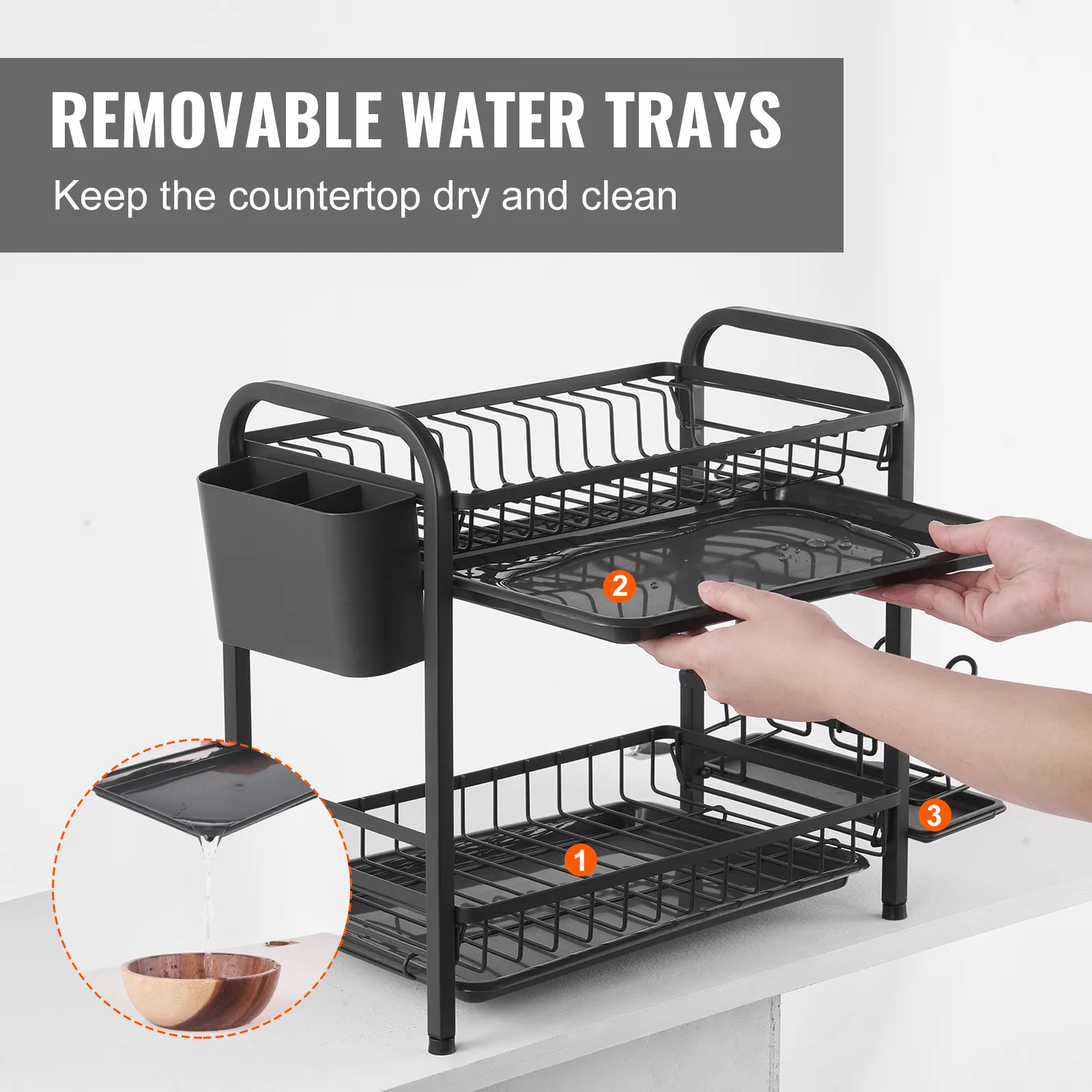 VEVOR dish drying rack with removable water trays keeping the countertop dry and clean.