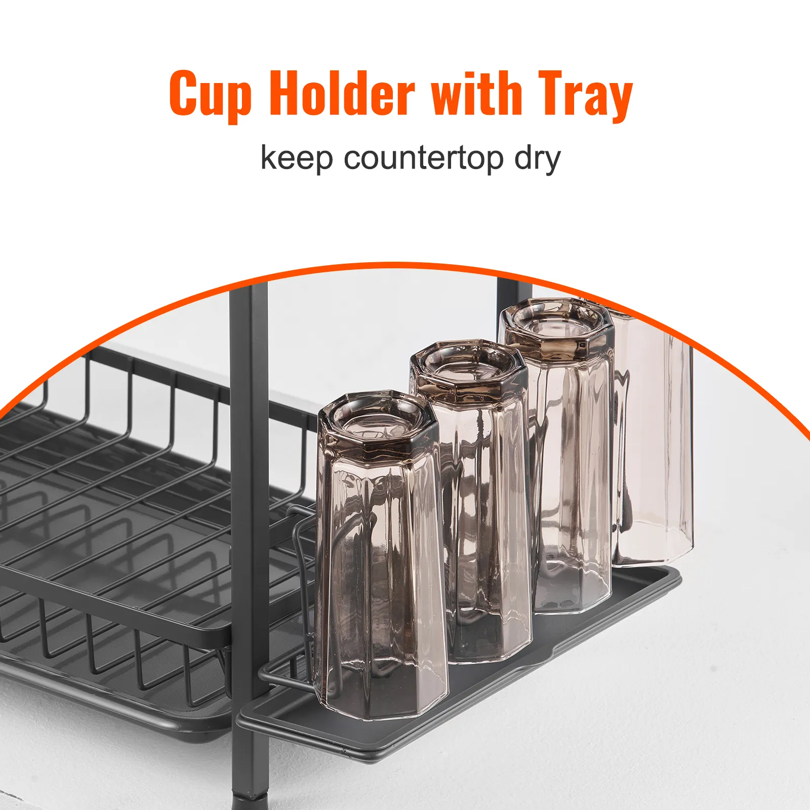 VEVOR dish drying rack cup holder with tray to keep countertop dry. dark glasses stored neatly.