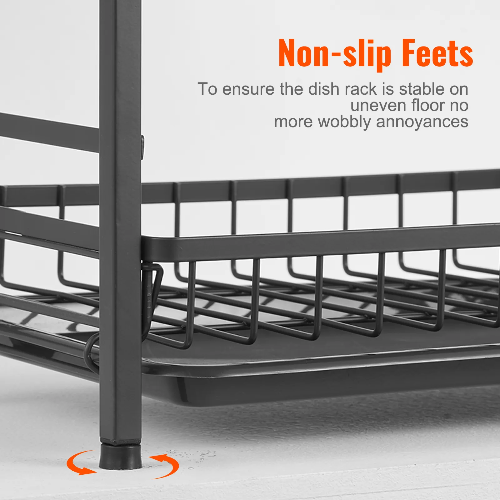 VEVOR dish drying rack with non-slip feet for stability on uneven surfaces.