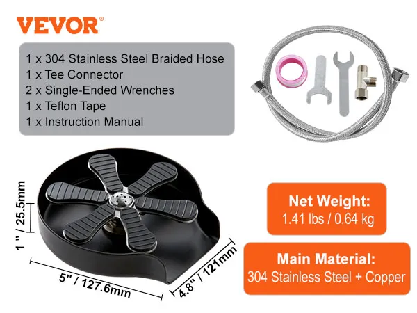 VEVOR-Gläserspüler mit Edelstahl-Geflechtschlauch, T-Stück, Schraubenschlüssel und Teflonband.