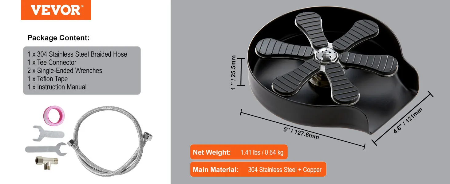 VEVOR-Gläserspüler mit Edelstahl-Geflechtschlauch, T-Stück, Schraubenschlüssel und Teflonband.