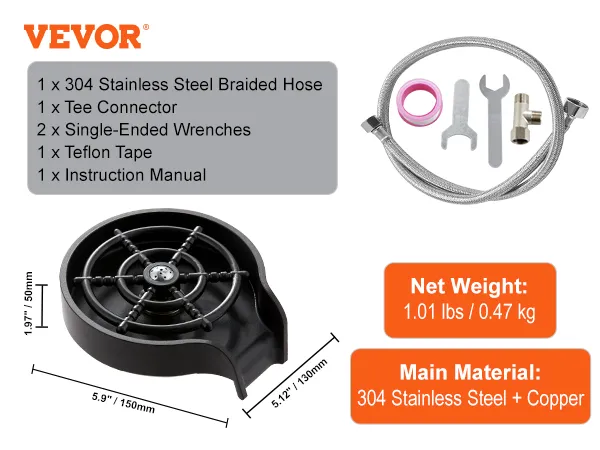 VEVOR glass rinser with 304 stainless steel braided hose, tee connector, and wrenches included.