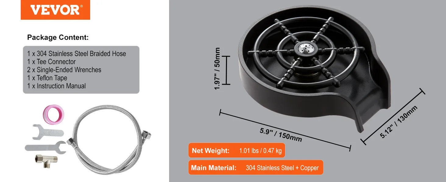 VEVOR glass rinser with 304 stainless steel braided hose, tee connector, and wrenches included.