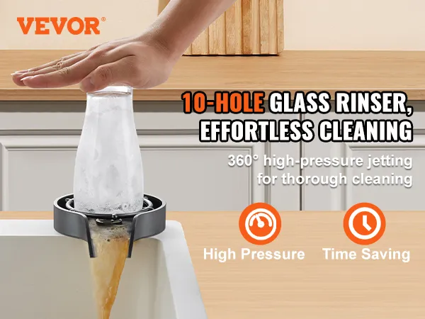 hand pressing a glass onto VEVOR glass rinser's 10-hole high-pressure jet for effortless cleaning.