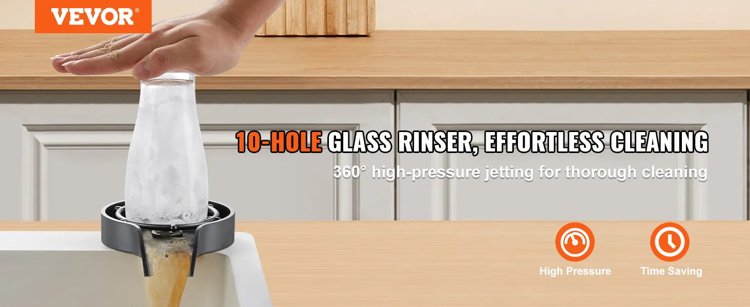 hand pressing a glass onto VEVOR glass rinser's 10-hole high-pressure jet for effortless cleaning.
