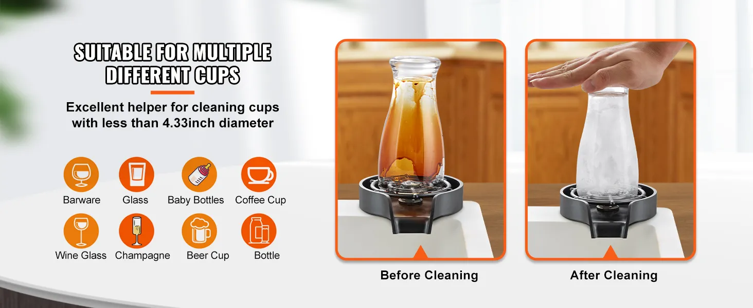 VEVOR glass rinser, suitable for cleaning barware, glasses, bottles, and cups before and after cleaning.