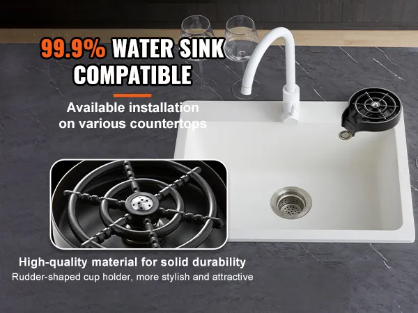 VEVOR glass rinser installed on white sink with black trim and multiple countertop compatibility.