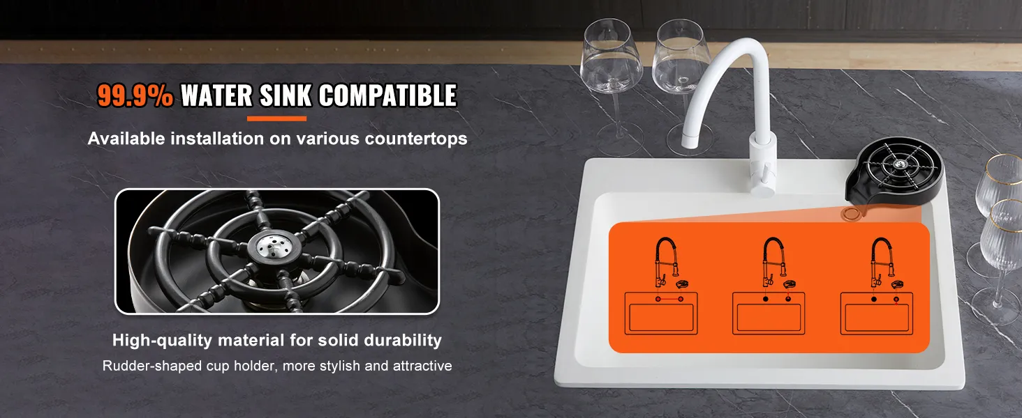VEVOR glass rinser installed on white sink with black trim and multiple countertop compatibility.