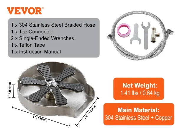 VEVOR-Gläserspüler mit Edelstahl-Geflechtschlauch, Schraubenschlüssel, T-Stück, Teflonband und Handbuch.
