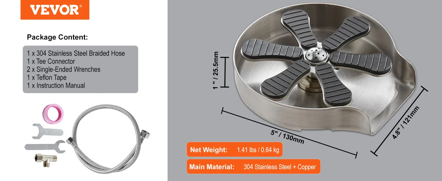VEVOR-Gläserspüler mit Edelstahl-Geflechtschlauch, Schraubenschlüssel, T-Stück, Teflonband und Handbuch.