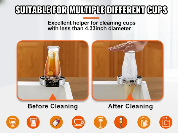 VEVOR-Gläserspüler zum Reinigen verschiedener Tassen mit Vorführung des „Vorher-Nachher-Reinigungsprozesses“.