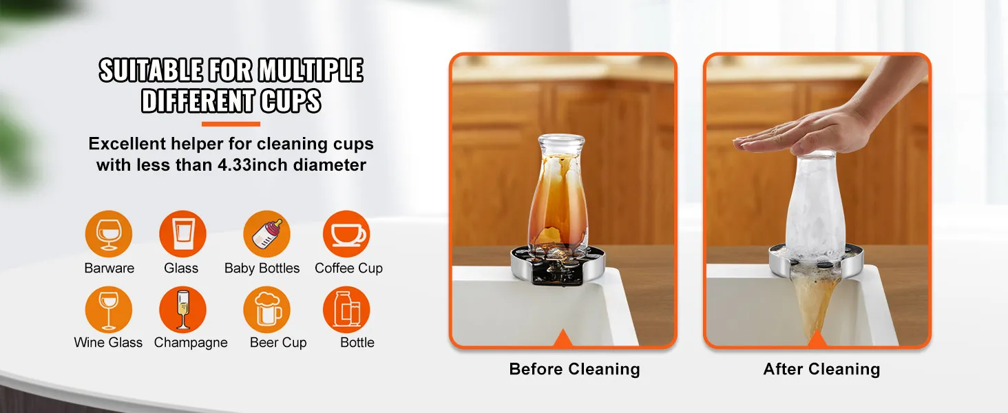 VEVOR-Gläserspüler zum Reinigen verschiedener Tassen mit Vorführung des „Vorher-Nachher-Reinigungsprozesses“.