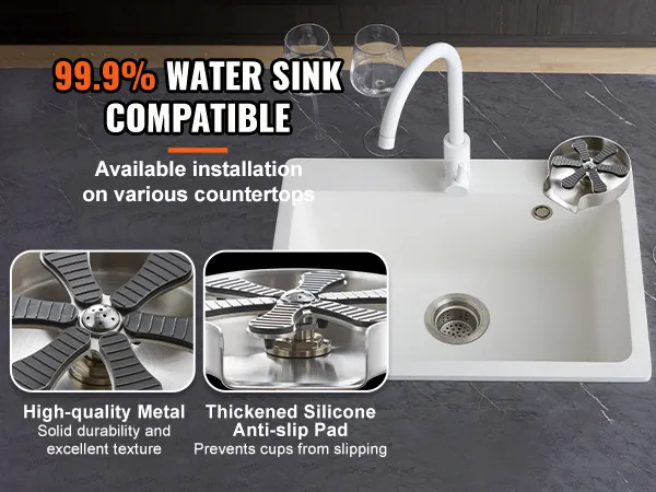 VEVOR Gläserspüler eingebaut in eine Küchenspüle mit hochwertigem Metall und rutschfester Silikonunterlage.