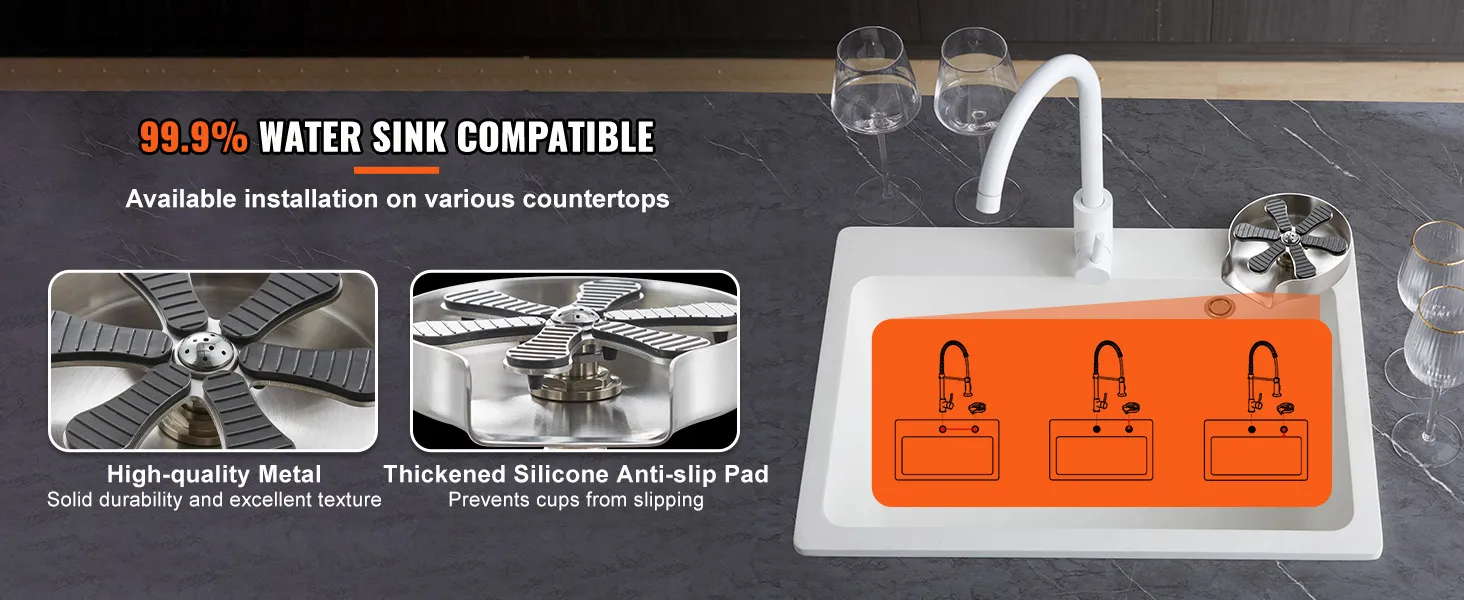 VEVOR Gläserspüler eingebaut in eine Küchenspüle mit hochwertigem Metall und rutschfester Silikonunterlage.