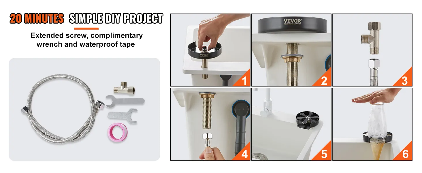 20-minütige DIY-Installationsschritte für den VEVOR-Glasspüler, mit Schlauch, Schraubenschlüssel, wasserdichtem Klebeband und Armaturen.