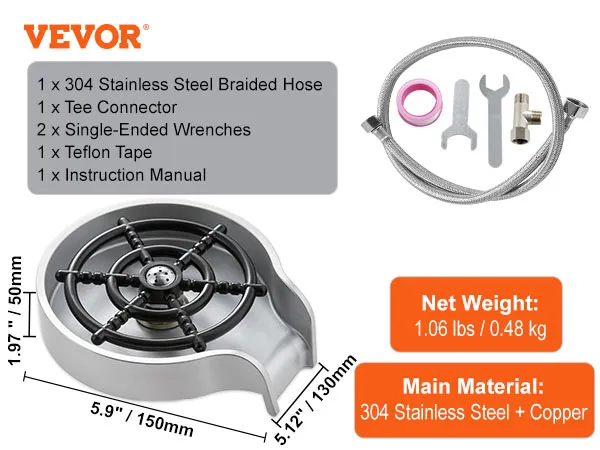 VEVOR glass rinser package with stainless steel braided hose, tee connector, and wrenches.