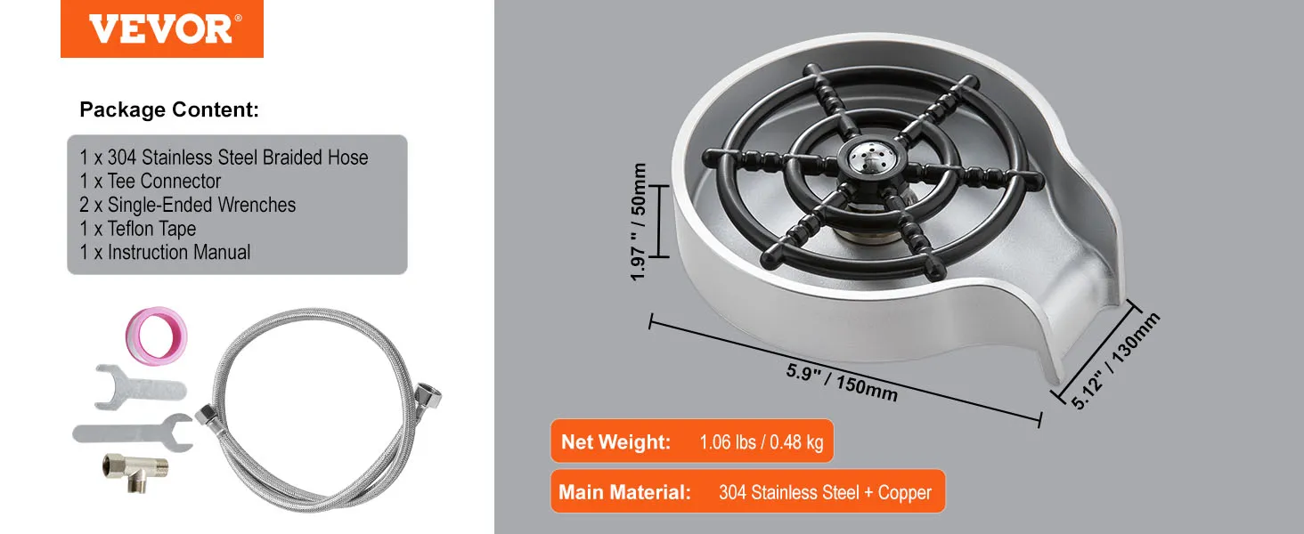 VEVOR glass rinser package with stainless steel braided hose, tee connector, and wrenches.