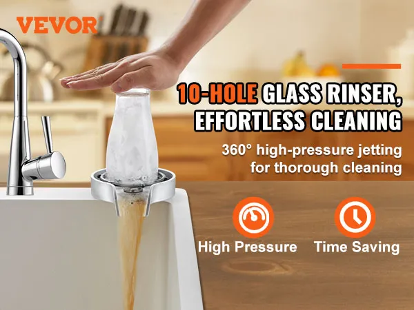 VEVOR glass rinser with 10-hole design for high-pressure, 360° jet cleaning, efficient and time-saving.
