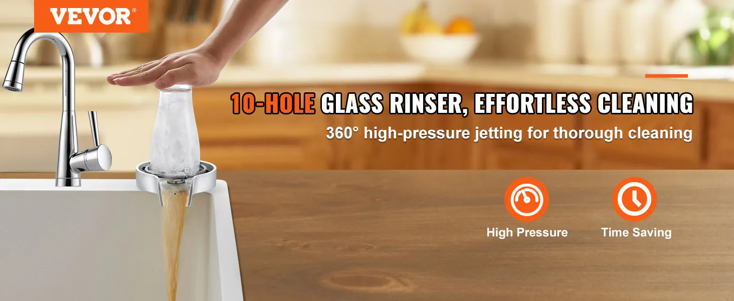 VEVOR glass rinser with 10-hole design for high-pressure, 360° jet cleaning, efficient and time-saving.