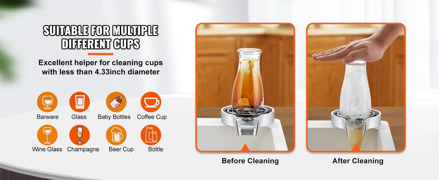 VEVOR glass rinser cleaning different types of cups showing before and after cleaning results.