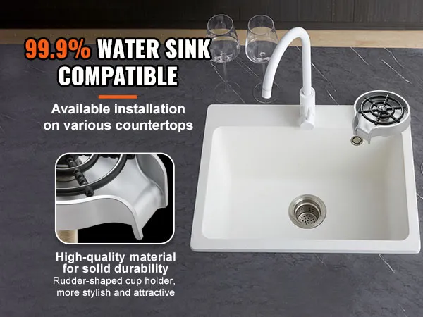 VEVOR glass rinser in white sink, compatible with various countertops, showcasing durable materials.