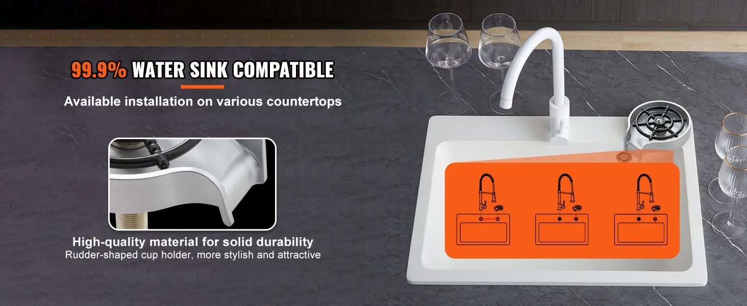 VEVOR glass rinser in white sink, compatible with various countertops, showcasing durable materials.