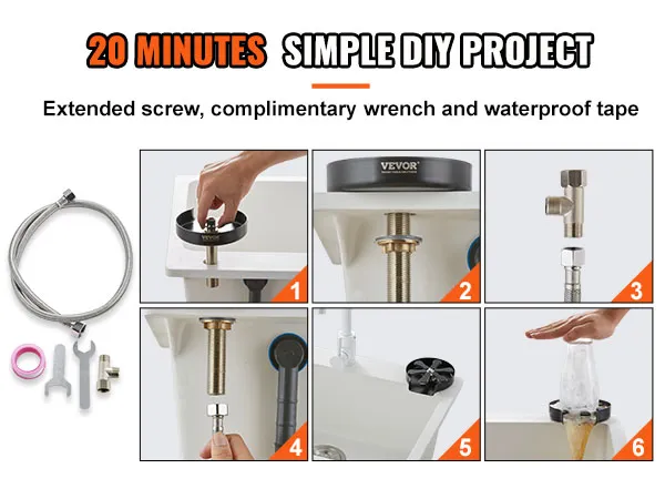 VEVOR glass rinser installation steps with tools, parts, and action shots for diy project in 20 minutes.