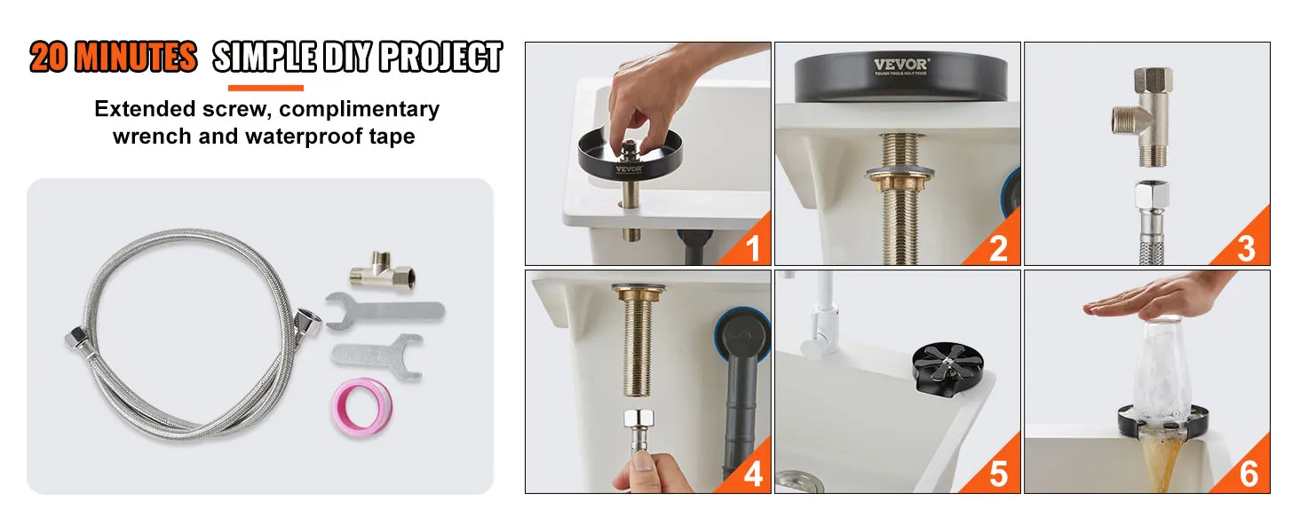 VEVOR glass rinser installation steps with tools, parts, and action shots for diy project in 20 minutes.