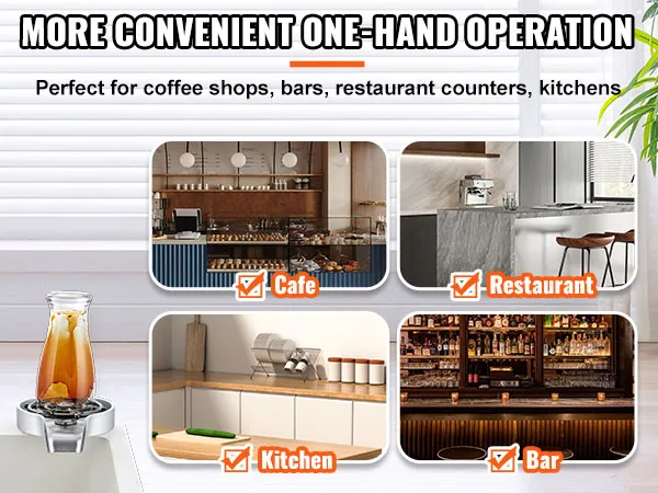 chrome faucet and VEVOR glass rinser beside various settings: cafe, restaurant, kitchen, bar.