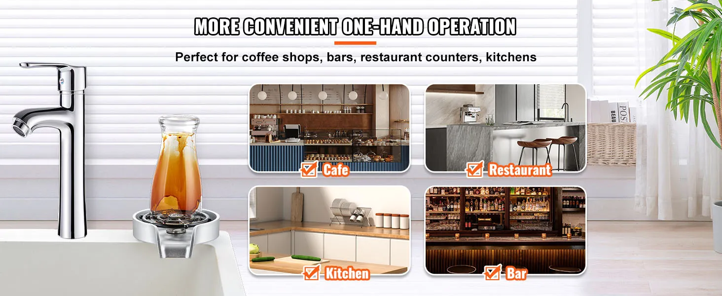 chrome faucet and VEVOR glass rinser beside various settings: cafe, restaurant, kitchen, bar.