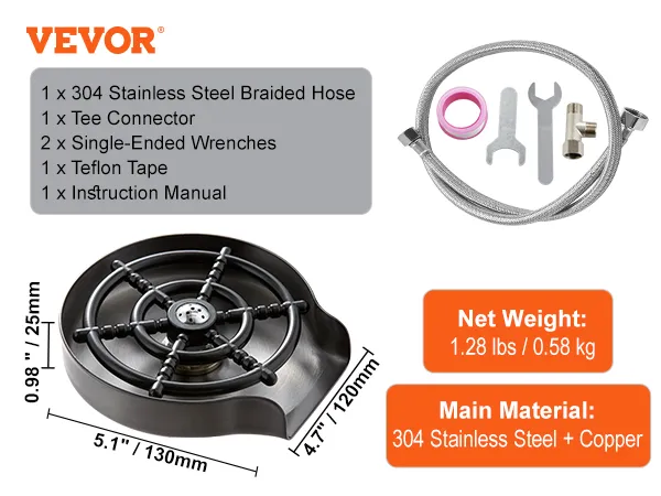package content and dimensions of VEVOR glass rinser featuring stainless steel and copper parts.