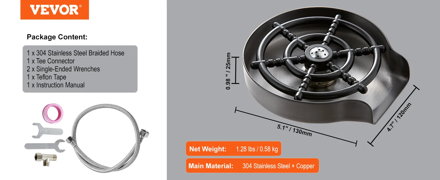 package content and dimensions of VEVOR glass rinser featuring stainless steel and copper parts.