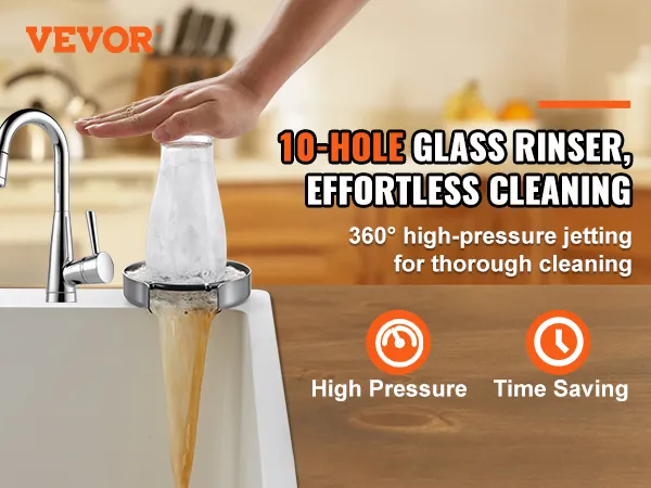 VEVOR glass rinser with 10-hole design and 360° high-pressure jetting for effortless cleaning.