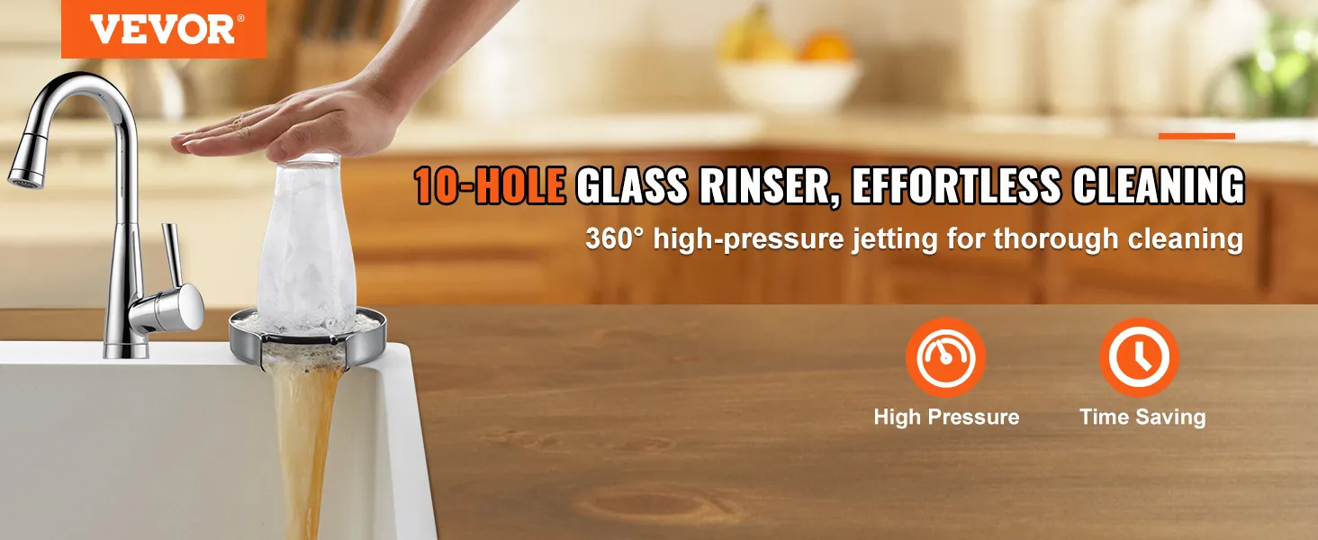VEVOR glass rinser with 10-hole design and 360° high-pressure jetting for effortless cleaning.