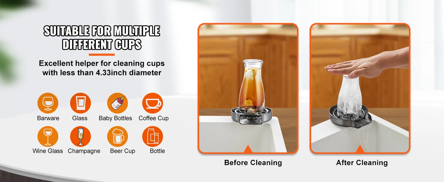 VEVOR glass rinser suitable for barware, baby bottles, and cups less than 4.33 inches in diameter.