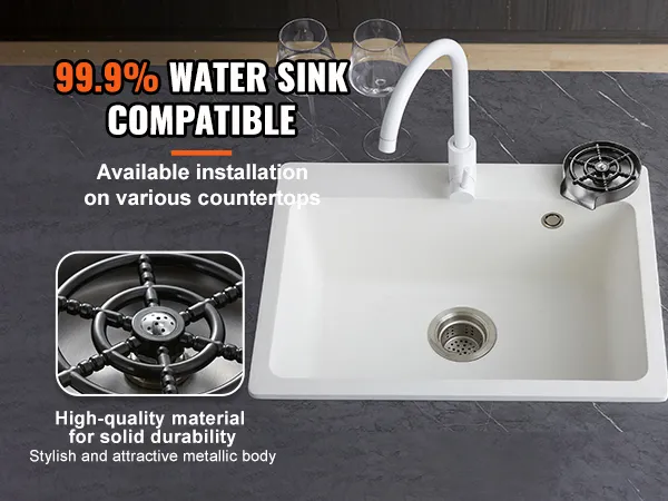 VEVOR glass rinser: 99.9% sink compatible, durable metallic body, easy installation on countertops.