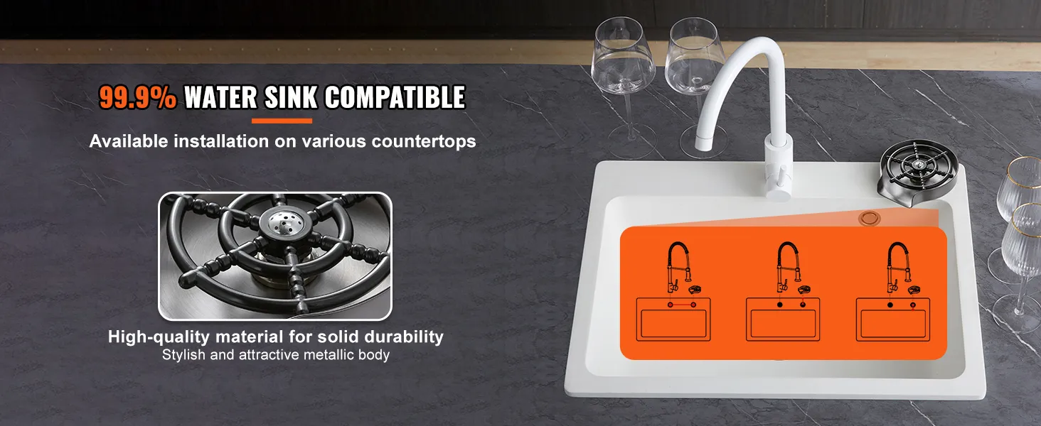 VEVOR glass rinser: 99.9% sink compatible, durable metallic body, easy installation on countertops.
