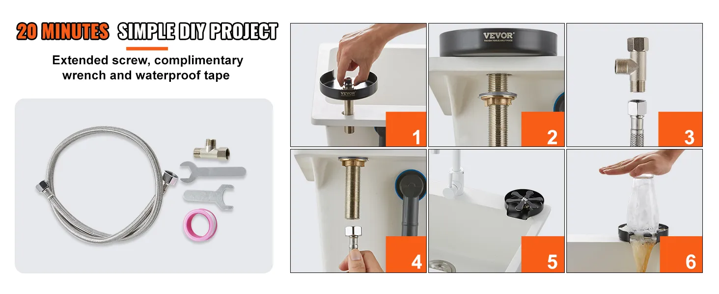 VEVOR glass rinser installation guide: components, tools, and 6-step process for a quick diy setup.