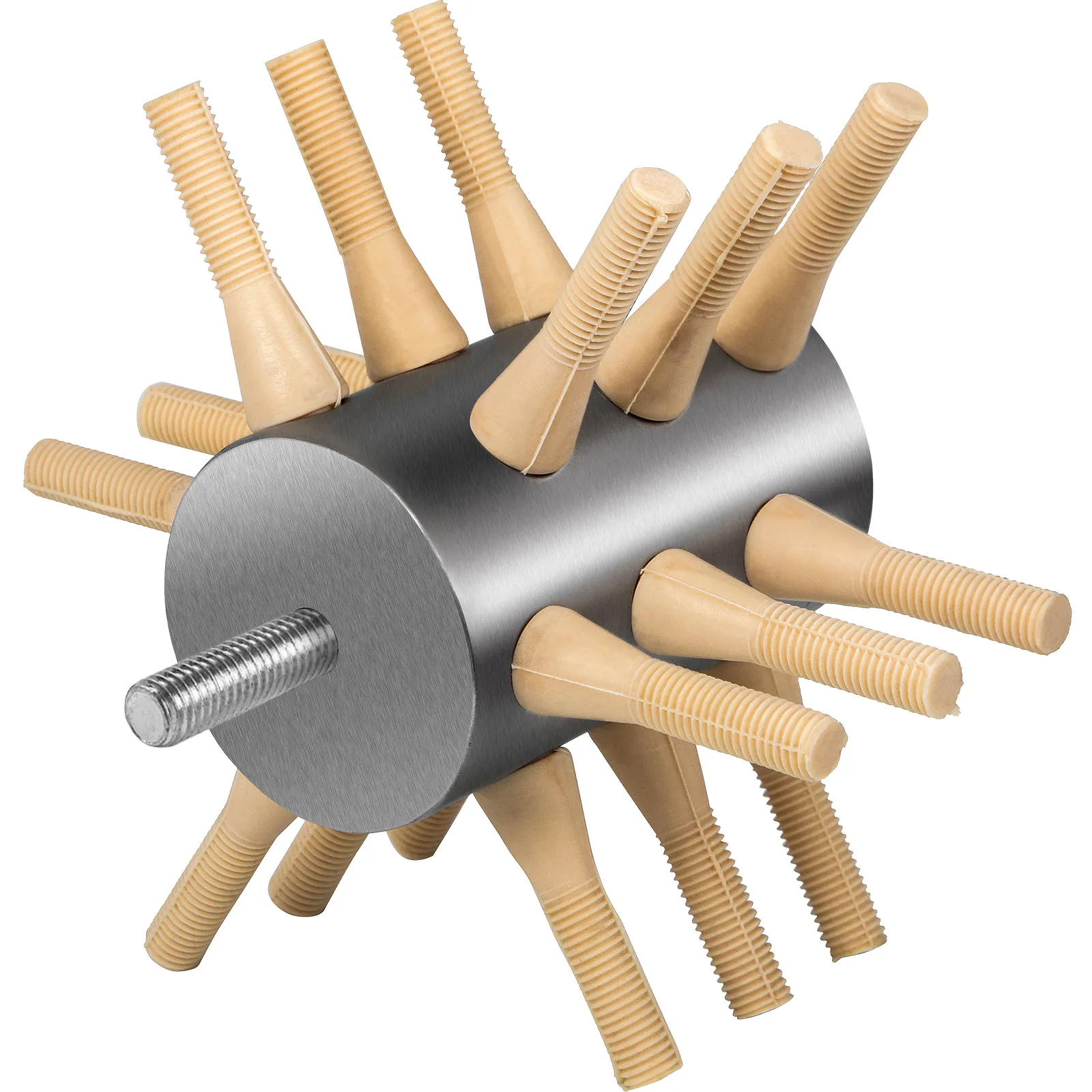 VEVOR chicken plucker cylinder with beige rubber fingers and a metal screw attachment.