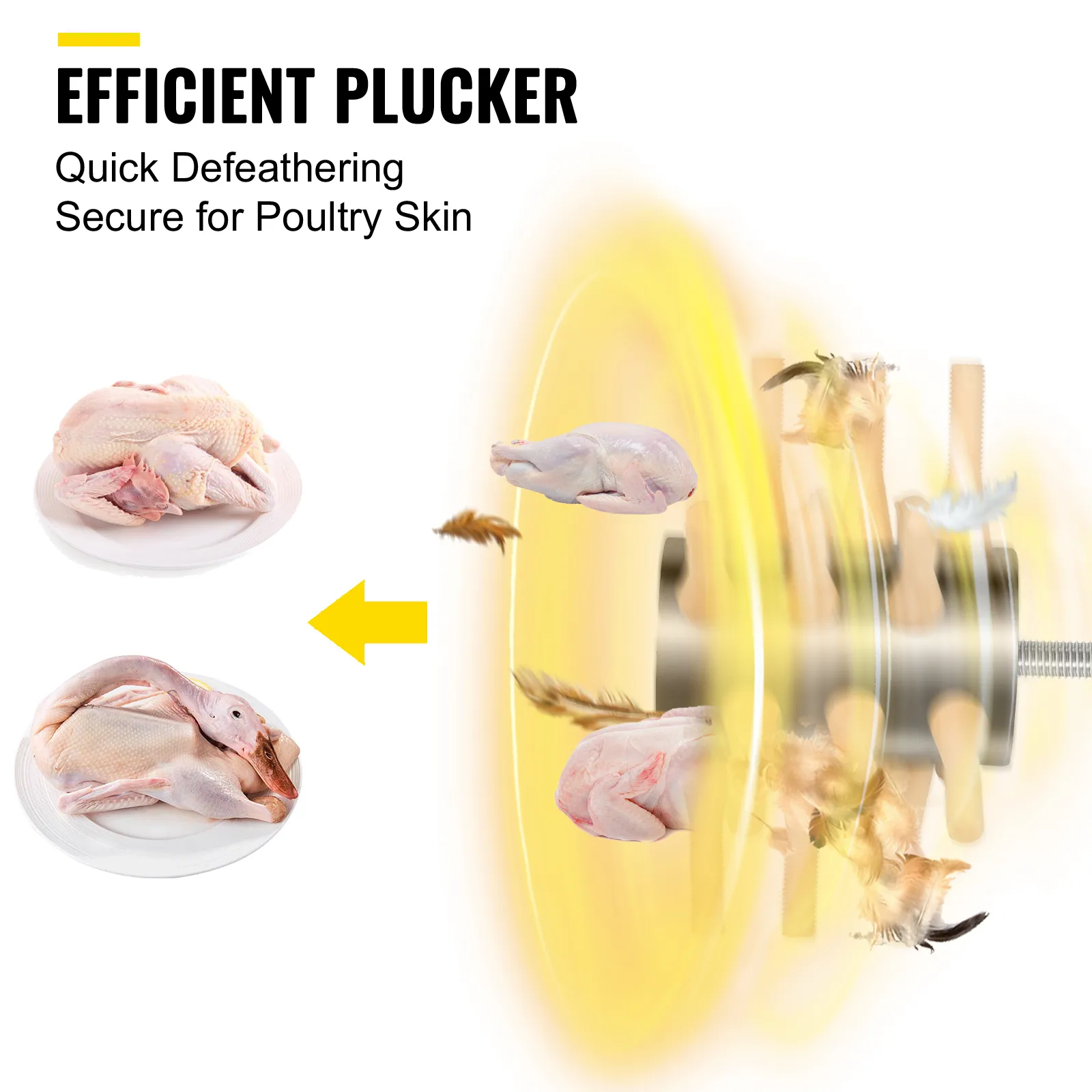 VEVOR chicken plucker efficiently defeathers poultry, ensuring smooth skin.
