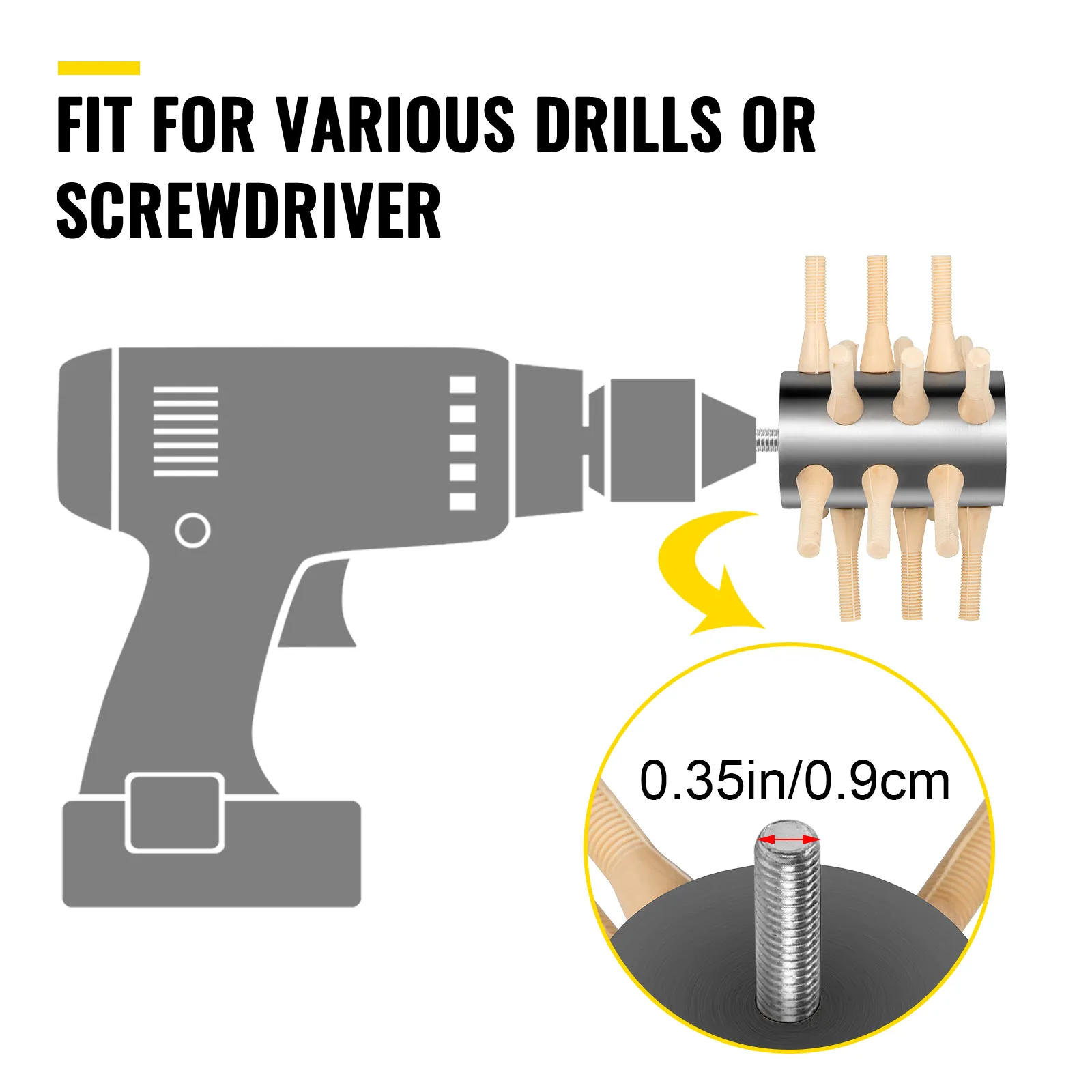 VEVOR chicken plucker fitting various drills or screwdrivers, showing 0.35in/0.9cm connector.