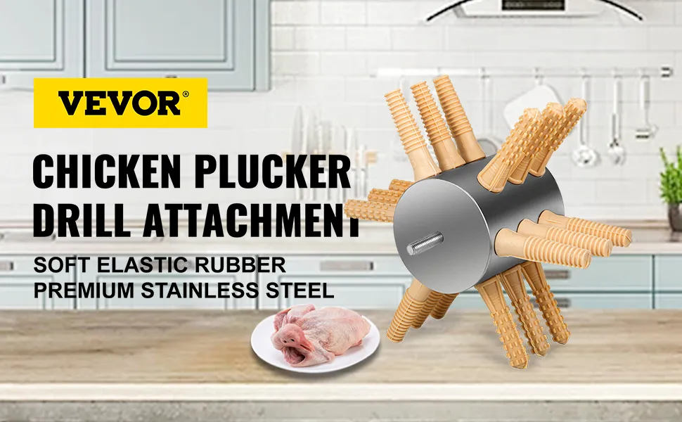 VEVOR chicken plucker attachment with rubber fingers and stainless steel in kitchen setting.