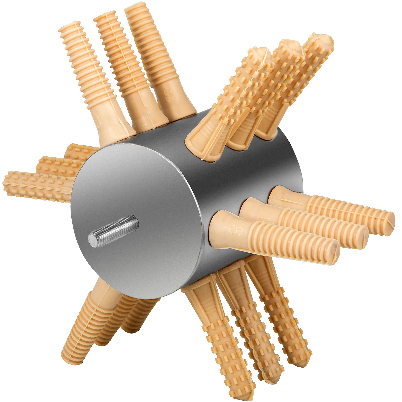 VEVOR chicken plucker attachment with rubber fingers on a metal cylinder.