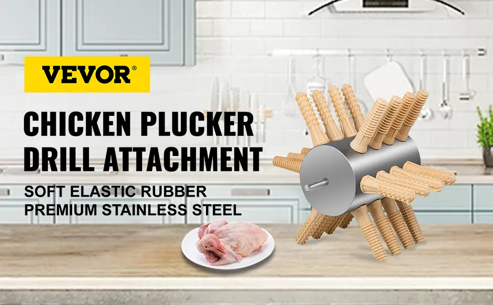 VEVOR chicken plucker drill attachment in a kitchen with a raw chicken on a plate.
