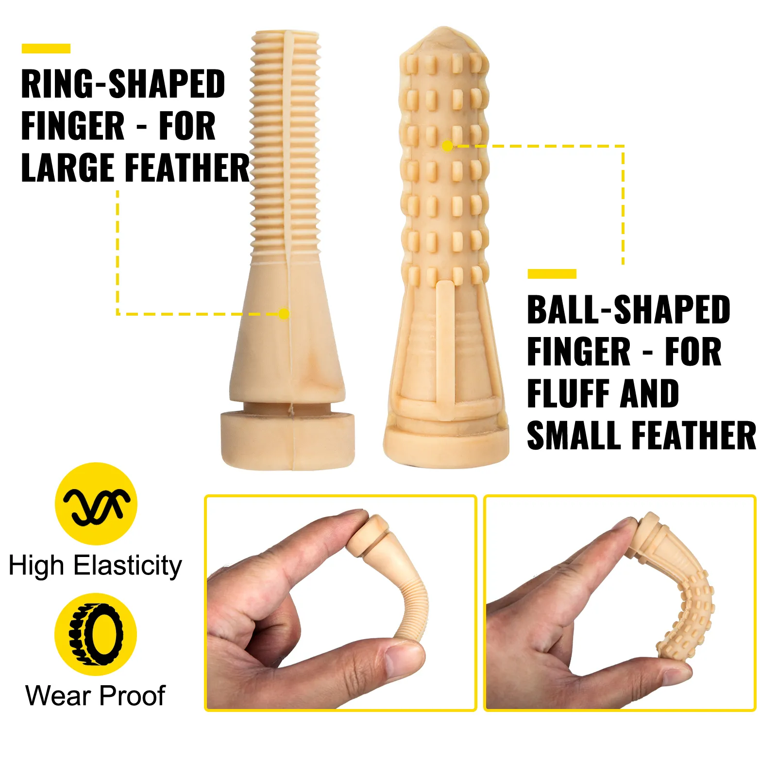 VEVOR chicken plucker fingers: ring-shaped for large feathers, ball-shaped for small feathers.