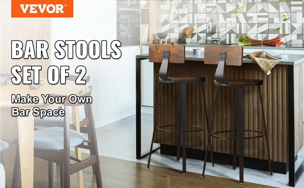 VEVOR rustic bar stools, set of 2, positioned by a modern kitchen island with geometric backsplash.