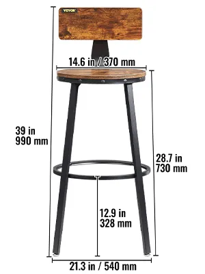 VEVOR rustic bar stools with wooden seat and backrest, black metal frame, 39 inches tall.
